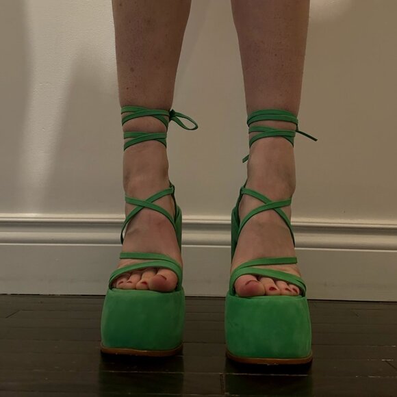 SCHUTZ Lynda Nubuck Gianni Green 70’s Stappy Calf Wrap Sexy Platform Sandals - Picture 5 of 6